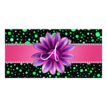 Monogram black green polka dots pink daisy photo card