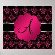 Monogram black pink glitter damask print