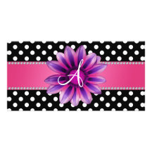 Monogram black white polka dots pink daisy picture card