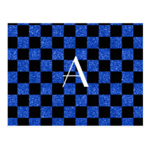 Monogram blue and black glitter checkered postcard