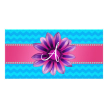 Monogram blue chevrons pink daisy custom photo card