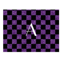 Monogram glitter purple and black checkered post cards