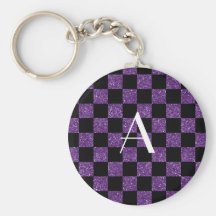 Monogram glitter purple and black checkered keychains