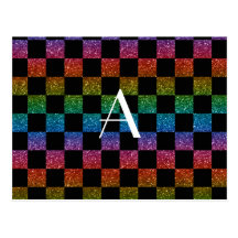 Monogram glitter rainbow and black checkered postcard