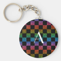 Monogram glitter rainbow and black checkered key chain