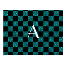 Monogram glitter turquoise and black checkered postcard
