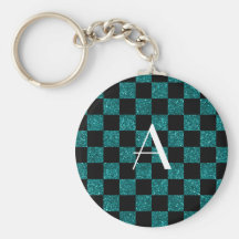Monogram glitter turquoise and black checkered keychains