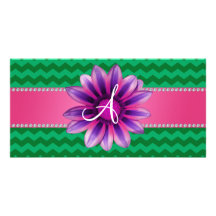 Monogram green chevrons pink daisy customized photo card