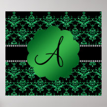 Monogram green glitter damask poster