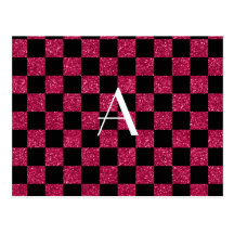 Monogram hot pink and black glitter checkered postcards