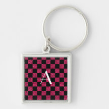 Monogram hot pink and black glitter checkered keychain