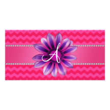 Monogram hot pink chevrons pink daisy custom photo card