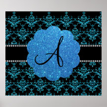 Monogram light blue glitter damask poster