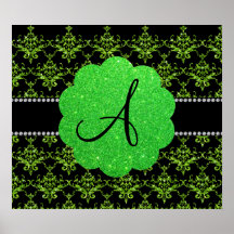Monogram neon green glitter damask print