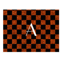 Monogram orange and black glitter checkered postcards