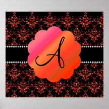 Monogram orange glitter damask posters