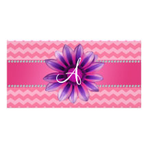 Monogram pink chevrons daisy photo cards