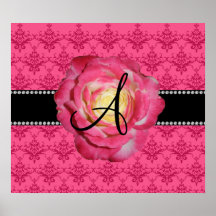 Monogram pink damask pink rose poster