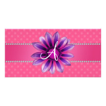 Monogram pink polka dots purple daisy picture card