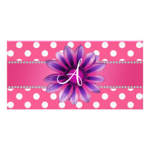 Monogram pink white polka dots purple daisy picture card