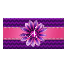 Monogram purple chevrons pink daisy photo card