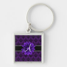 Monogram purple damask daisy flower key chains