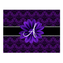 Monogram purple damask daisy flower post card