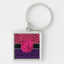 Monogram purple damask pink leopard key chain