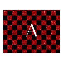 Monogram red and black glitter checkered postcards