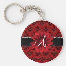 Monogram red damask daisy flower keychain