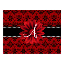 Monogram red damask daisy flower postcards