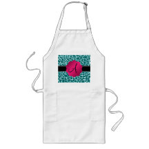 Monogram turquoise glitter giraffe print aprons