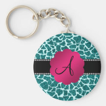 Monogram turquoise glitter giraffe print keychains