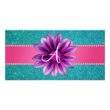 Monogram turquoise glitter pink daisy customized photo card