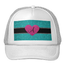 Monogram turquoise glitter pink heart trucker hats