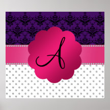 Monogram white diamonds purple damask posters