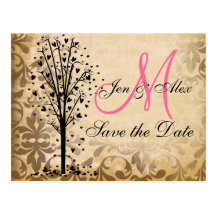 Monogramm-Damast-Herz-Baum-Save the Date Karten Postkarte