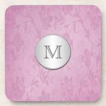 Monogramm-rosa und silbernes Damast-Untersetzer-Se