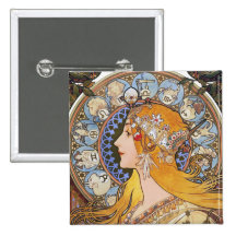 Mucha Kunst Nouveau Knopf - Tierkreis - La-Feder Anstecknadel