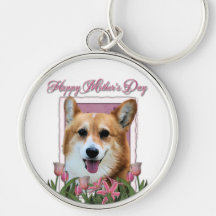 Mutter-Tag - rosa Tulpen - Corgi - Owen Schlüsselanhänger