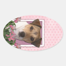 Mutter-Tag - rosa Tulpen - Jack Russell Ovaler Aufkleber