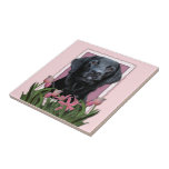 Mutter-Tag - rosa Tulpen - Labrador - Schwarzes -  Keramikkachel
