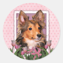 Mutter-Tag - rosa Tulpen - Sheltie Welpe - Fassbin Sticker
