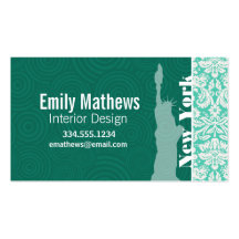 New York, Statue of Liberty, Seafoam Green Damask Business Cards