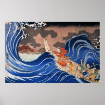 Nichiren beruhigt einen Sturm in Kakuda, Kuniyoshi Plakate