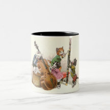 Niedliche anthropomorphe Kätzchen, die Musik spiel Tasse