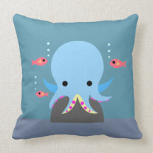 Niedliche blaue Krake u. Fische Zierkissen
