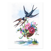 Niedliche Vintage Vögel u. Blumen mit Blumen Postkarte