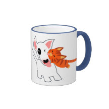 Niedlicher Cartoon-Stier-Terrier und Kätzchen-Bech Tassen