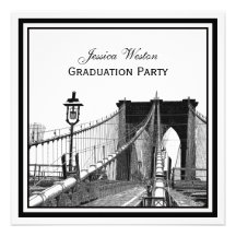 NYC Skyline Bklyn Bridge #2 Etched SQ Graduation Personalized Invitations